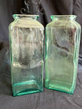 Pair of Antique 1890s Aquamarine Glass Square Pickle Bottles – Baltimore / Tenne